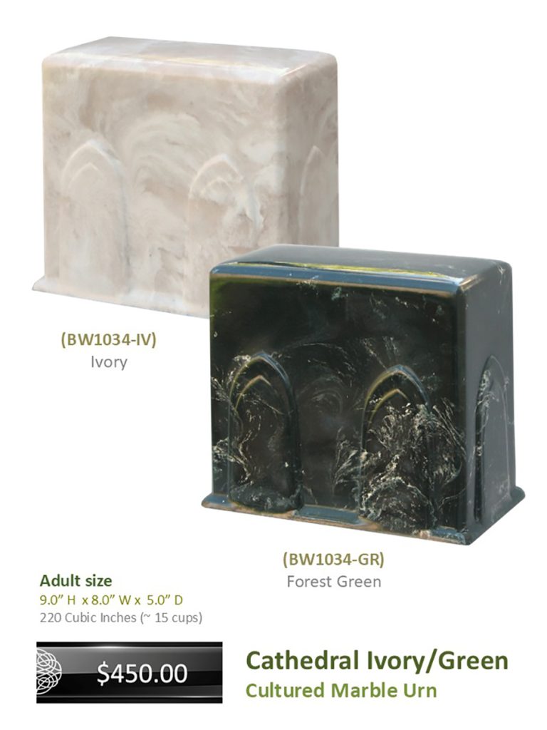 Cathedral shaped Marble Urn in Ivory or Forest Green Colours by Amherst